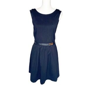 Jennifer Lopez Sz S Sleeveless Fit & Flare Black Dress Faux Leather Dress Trim